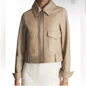 REISS Katia Leather Trucker Jacket In Neutral tan size 6